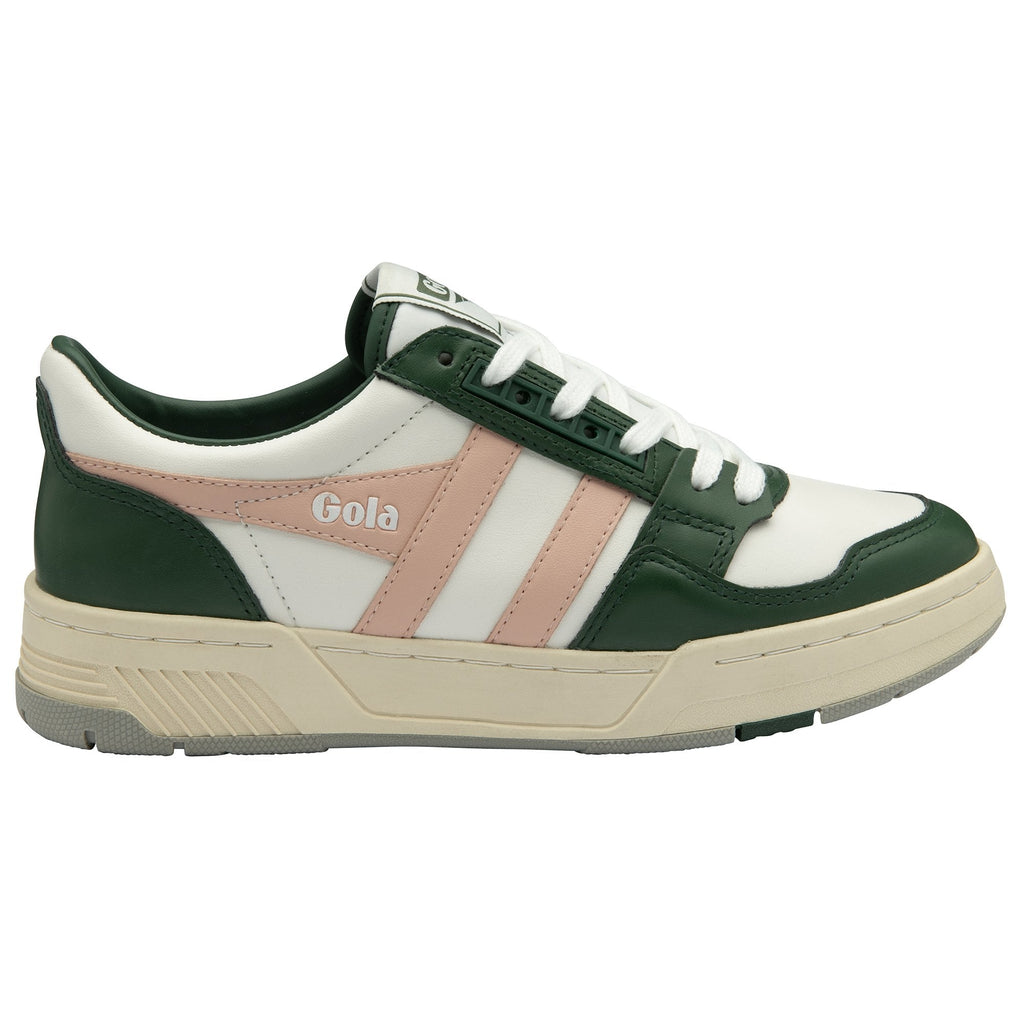 Side profile of a Gola women's trainer in white, dark green, and pink.