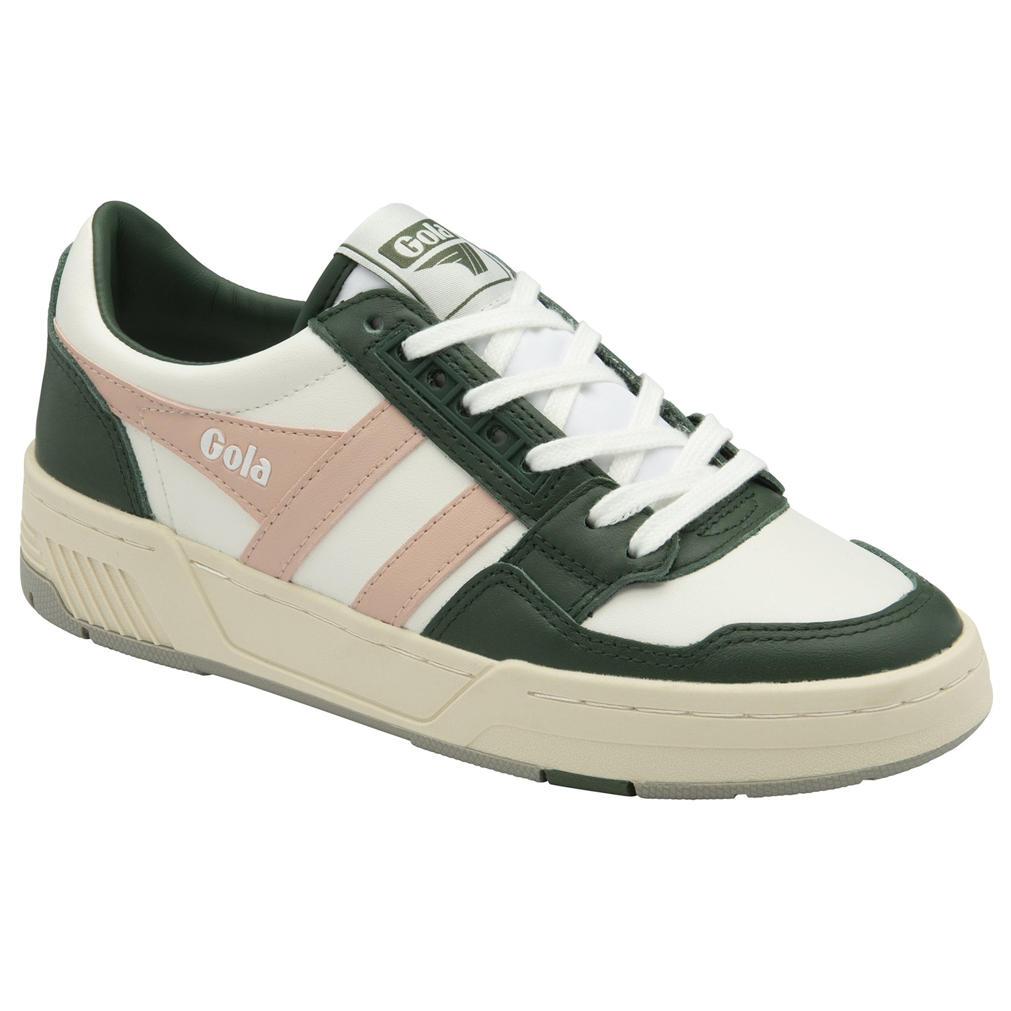 Side view of a white, green, and pink Gola women's trainer.