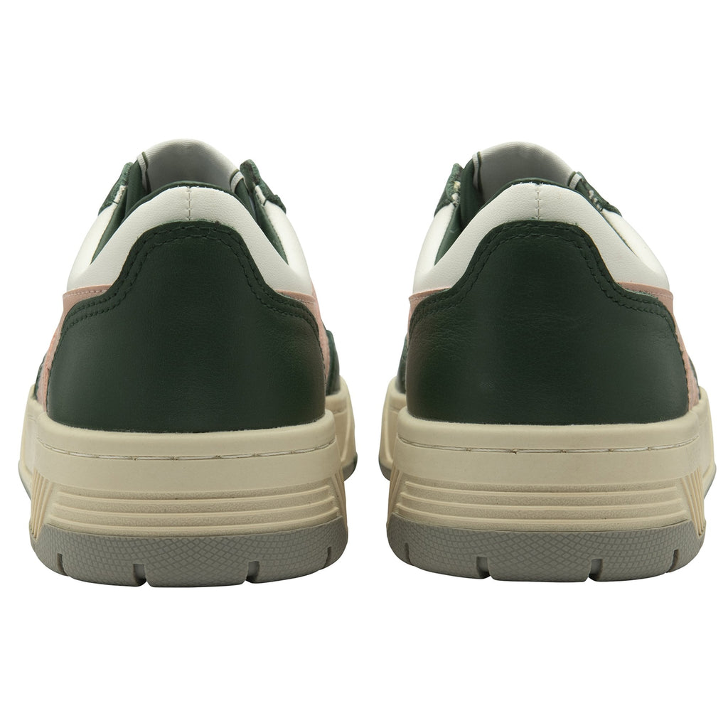 Rear view of two Gola women's trainers in white, dark green, and pink.