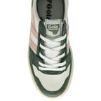 Top-down view of a Gola women's trainer in white, dark green, and pink.