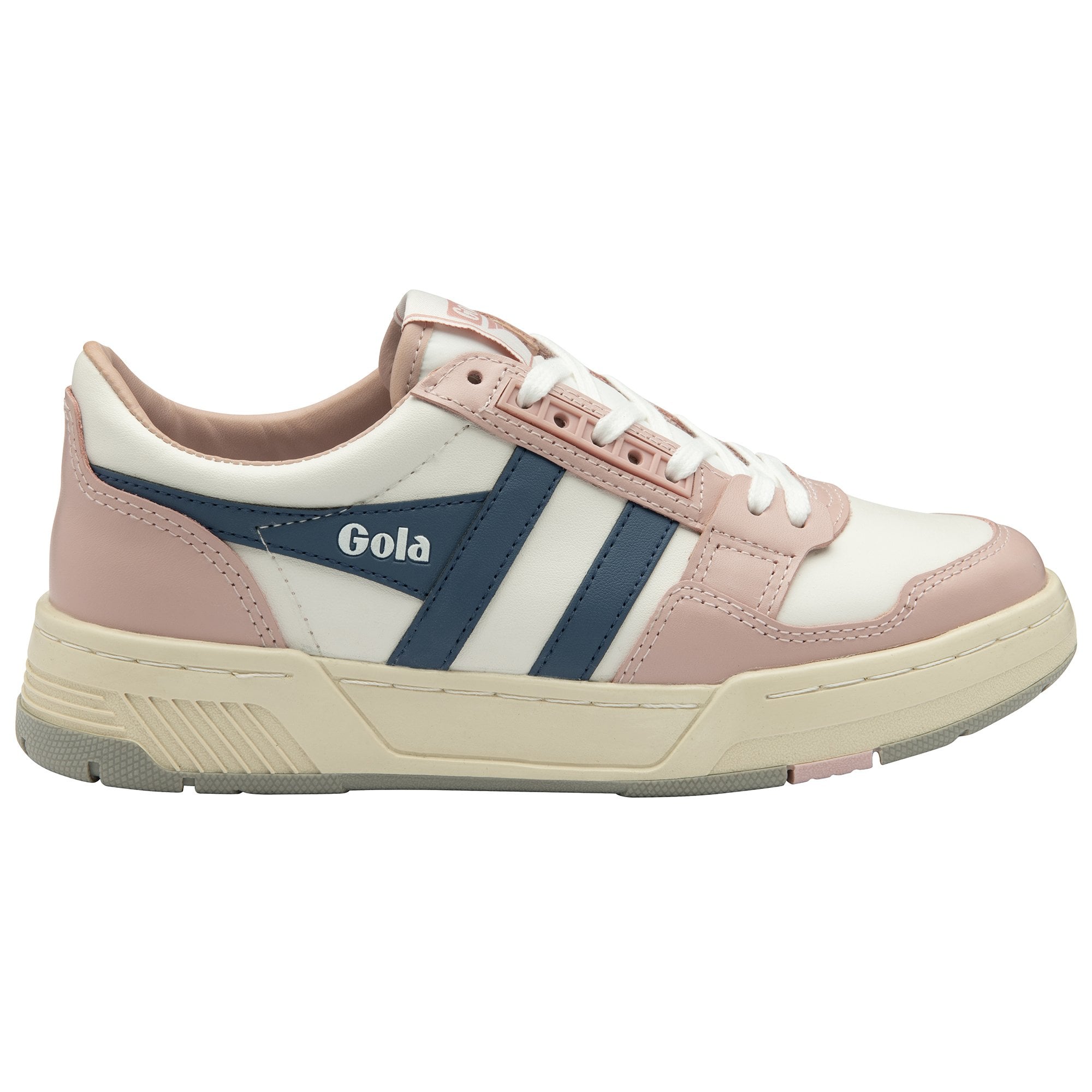 A right pink, white, and blue Gola sneaker, angled to the side.