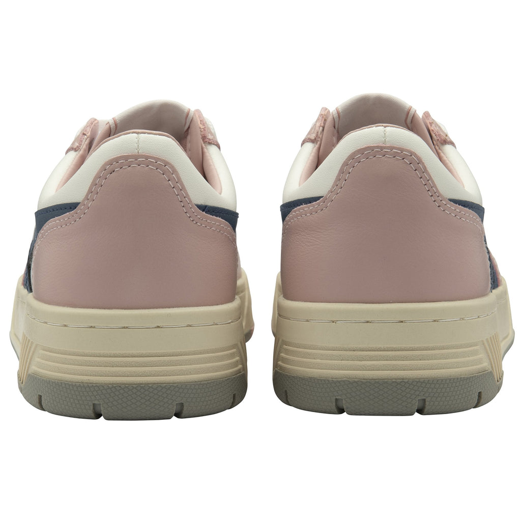 A pair of pink, white, and blue Gola sneakers, viewed from the back.