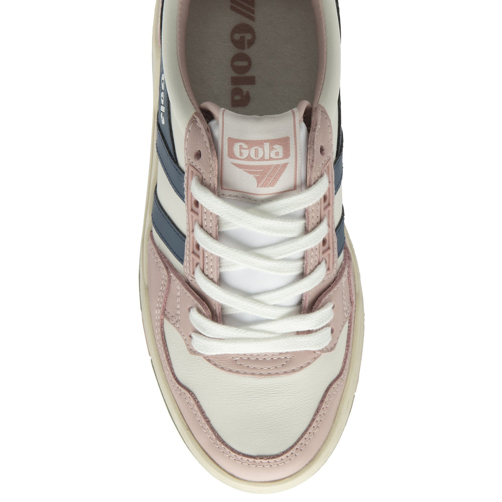 A pink, white, and blue Gola sneaker, viewed from above, facing the viewer.