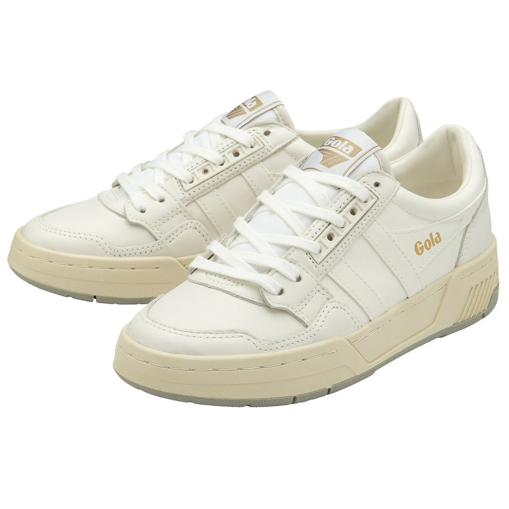 Two white Gola sneakers with beige soles are shown side by side against a white background.