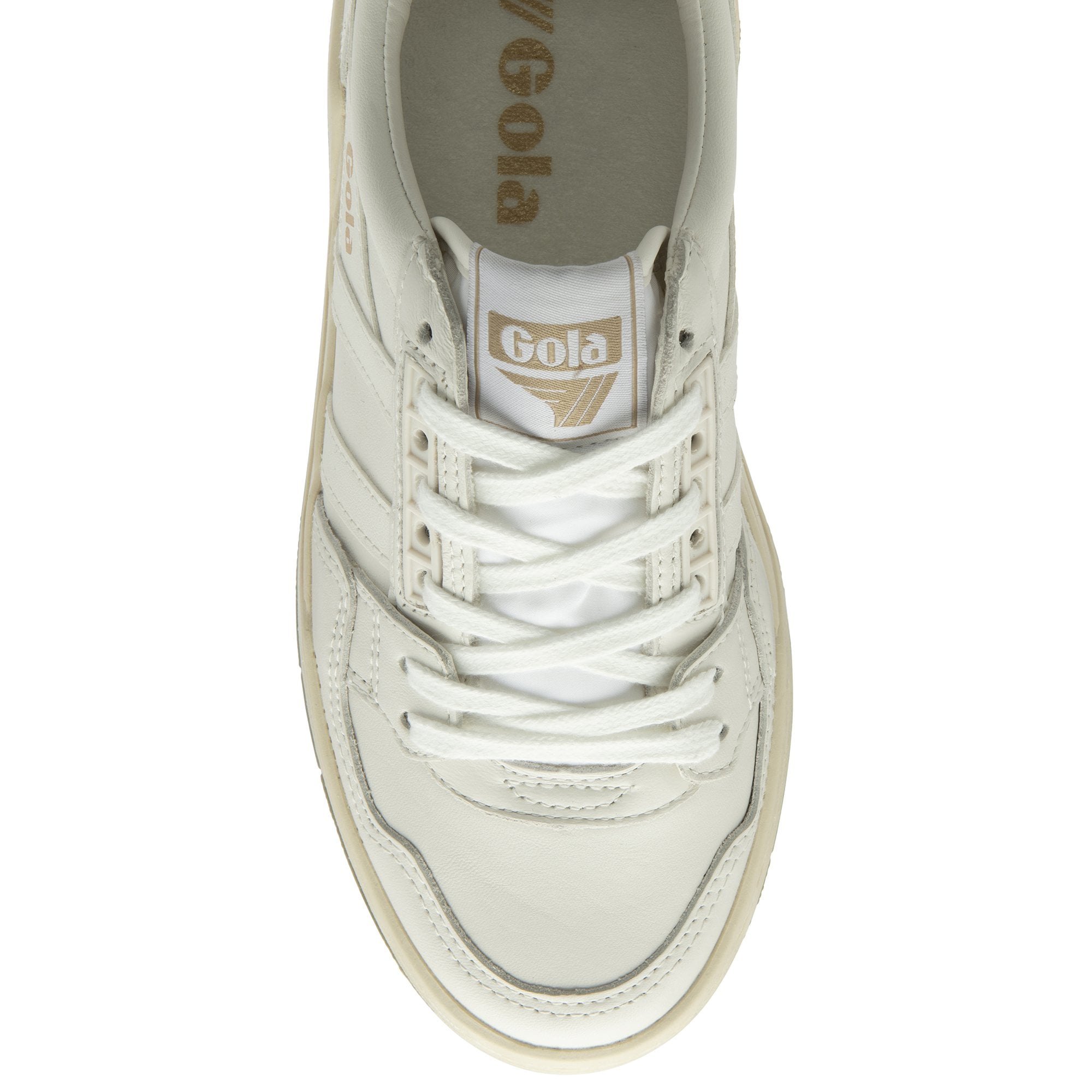 A white Gola sneaker with beige sole is shown from above, against a white background.