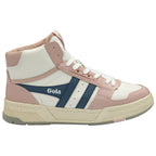 A white, pink, and blue Gola high-top sneaker viewed from the side.