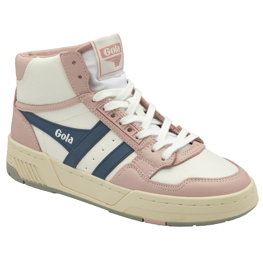 A white, pink, and blue Gola high-top sneaker viewed from a slight angle.