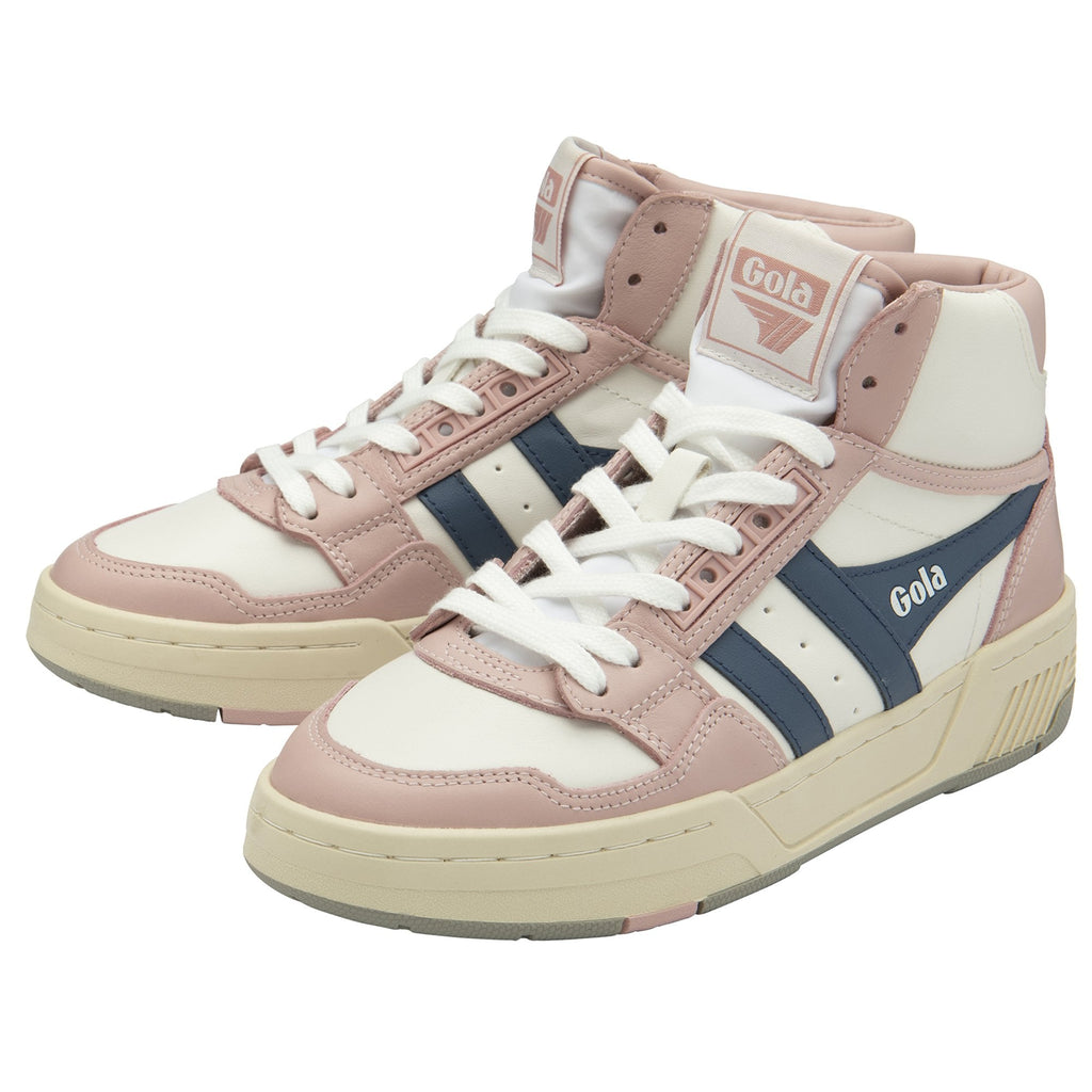 A pair of white, pink, and blue Gola high-top sneakers.