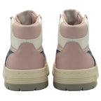 The backs of two white, pink, and blue Gola high-top sneakers.