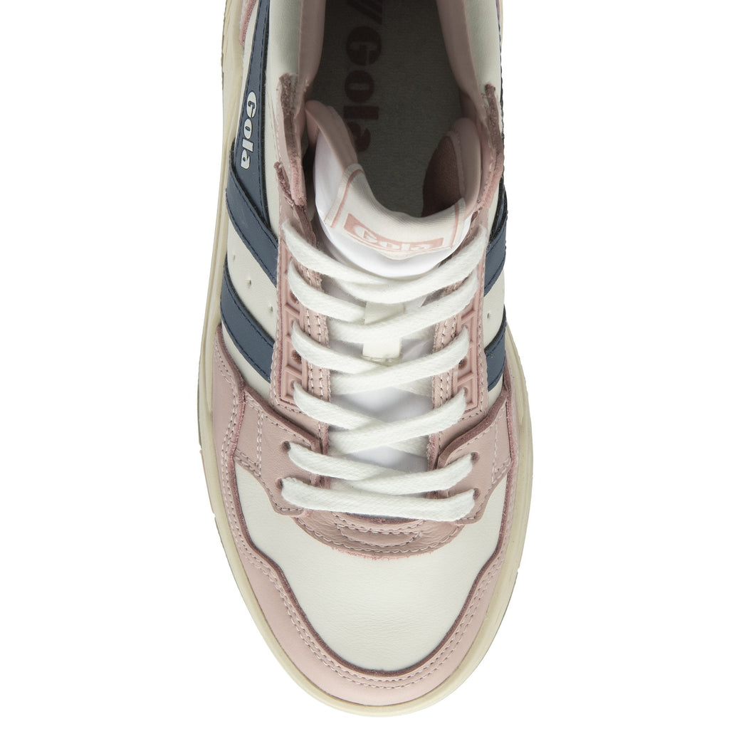 The top-down view of a white, pink, and blue Gola high-top sneaker.