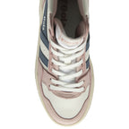 The top-down view of a white, pink, and blue Gola high-top sneaker.