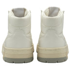 The rear view of two white Gola high-top sneakers, showcasing the heel design.