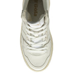 A top-down view of a white Gola high-top sneaker, highlighting the laces and tongue.