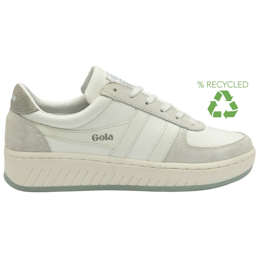 A white and grey Gola sneaker with a green recycled logo and text.