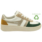 A white Gola sneaker with green, gold, and tan accents, featuring a "% Recycled" logo.