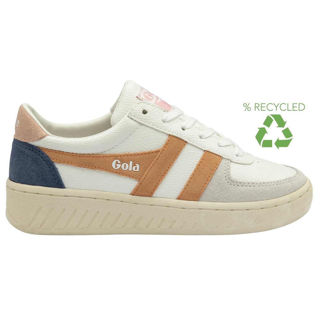 A recycled Gola sneaker is depicted from a side angle, showcasing its eco-friendly construction.