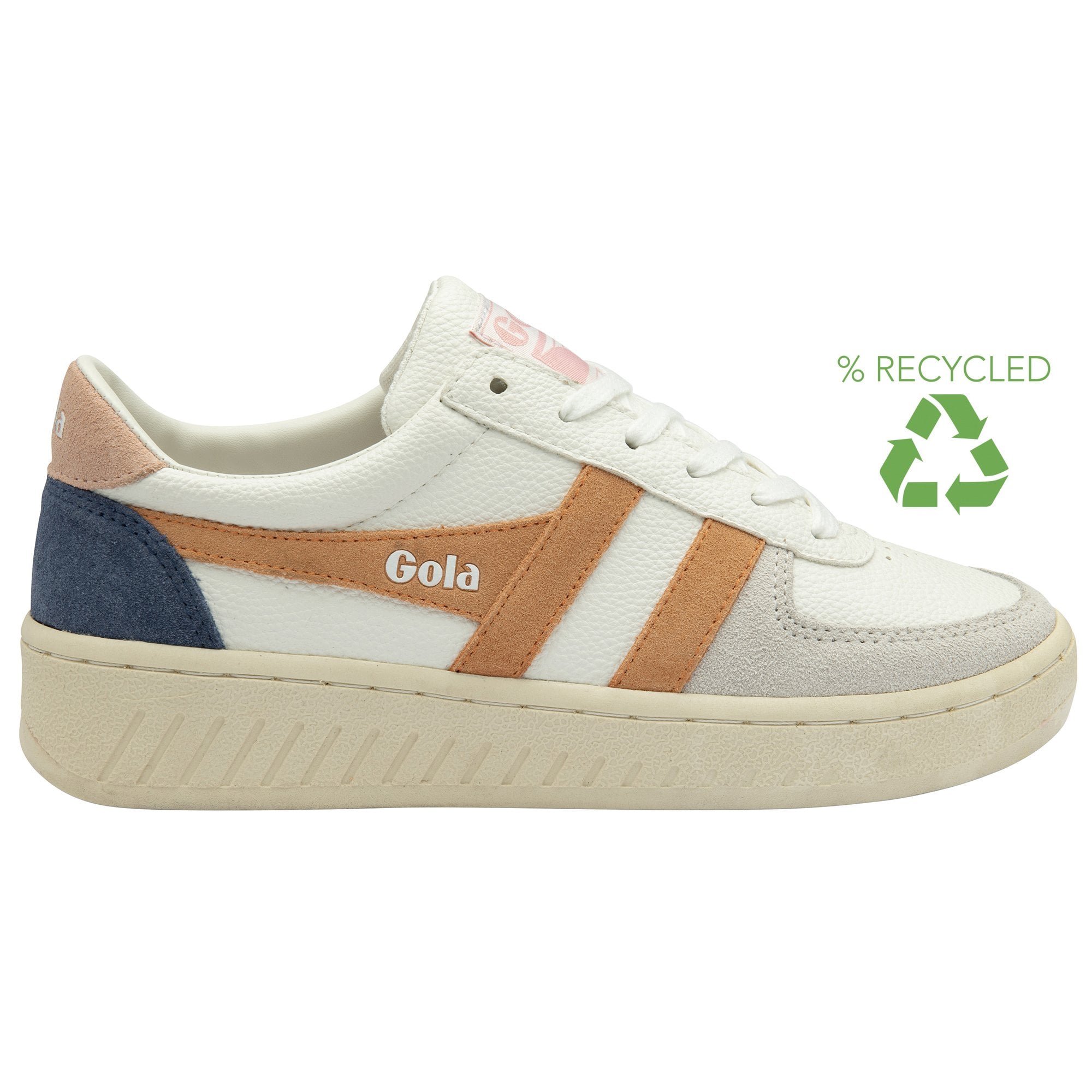 A recycled Gola sneaker is depicted from a side angle, showcasing its eco-friendly construction.