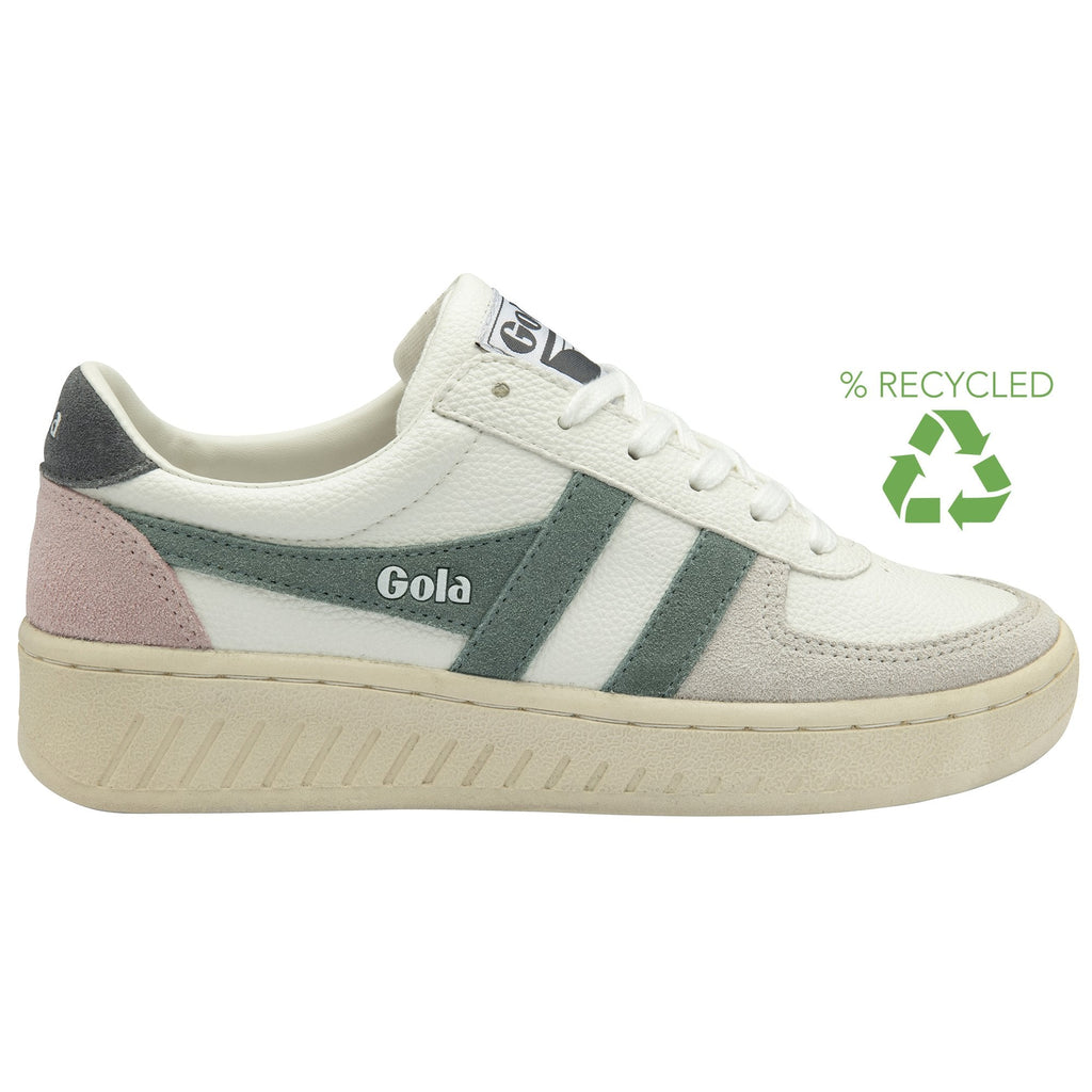 A recycled Gola sneaker with green stripes, pink and grey accents, and a cream sole.