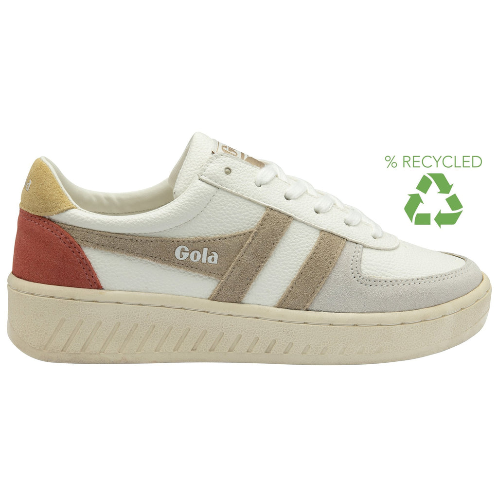 A white Gola sneaker with a beige sole, red heel, and beige stripes on the side.