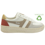 A white Gola sneaker with a beige sole, red heel, and beige stripes on the side.