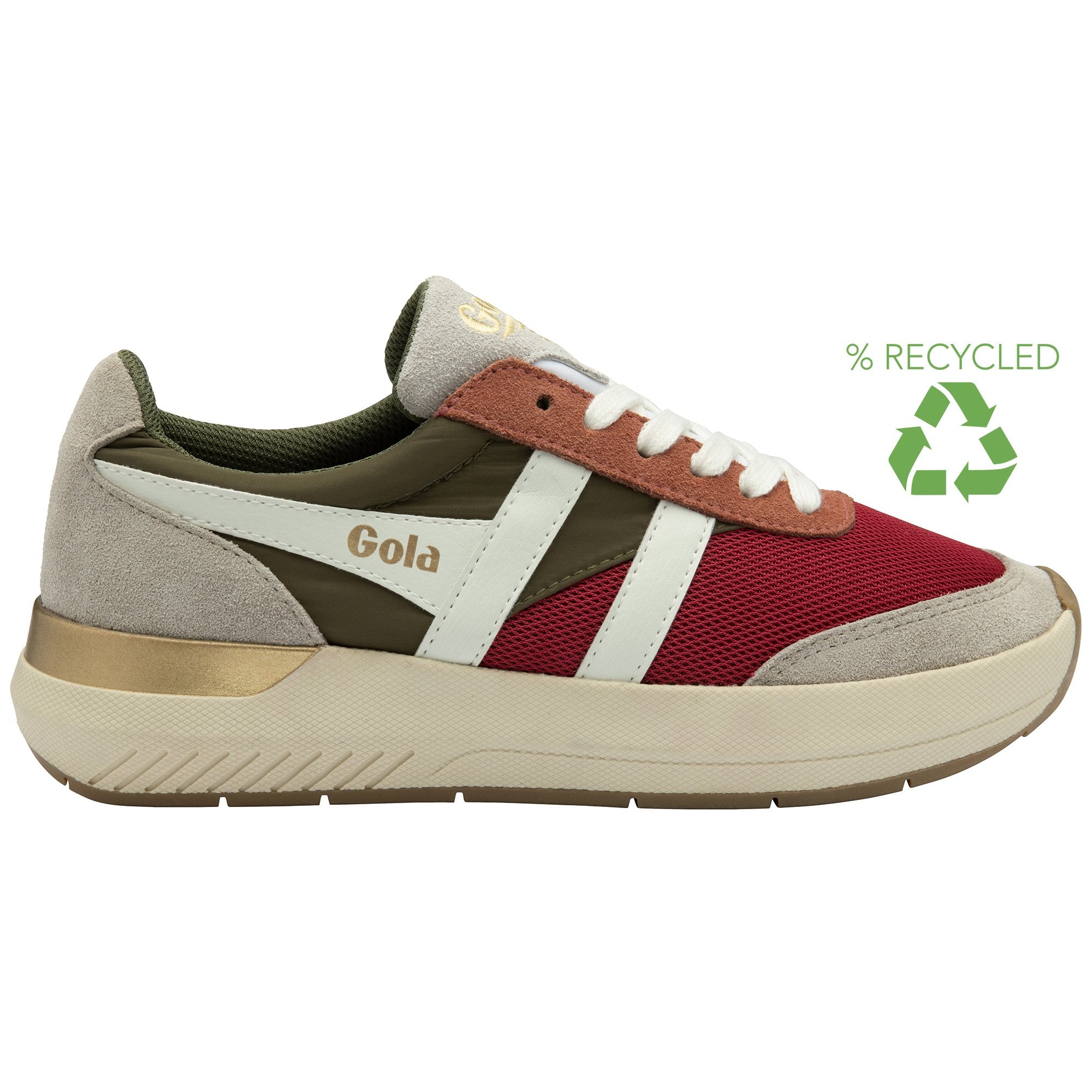 A recycled Gola men's sneaker, featuring red, green, and white colors, and a gold heel accent.