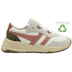 A recycled women's sneaker with white, pink, and green colors.
