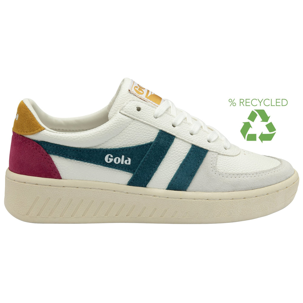 Side profile of a Gola shoe, showing the teal stripe and recycled symbol.
