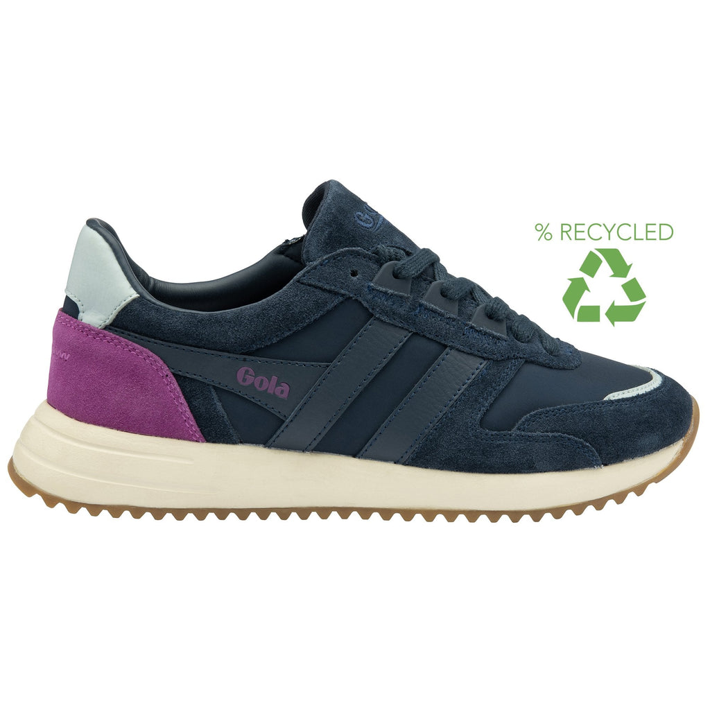 Side view of a dark blue sneaker with a purple heel accent and a 'Recycled' logo.
