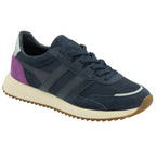 Left side view of a dark blue sneaker with a purple heel and cream sole.