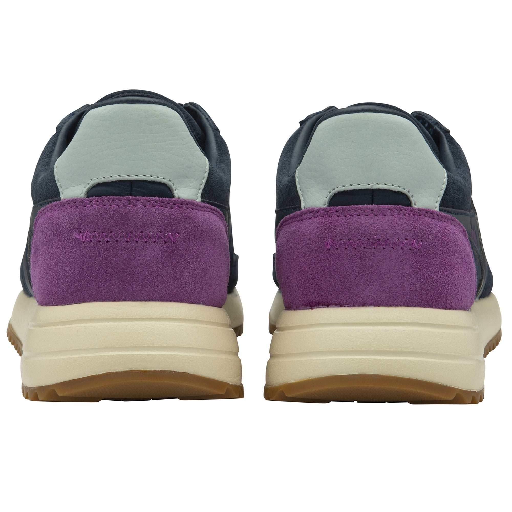 Rear view of a pair of dark blue sneakers showing purple heel accents.
