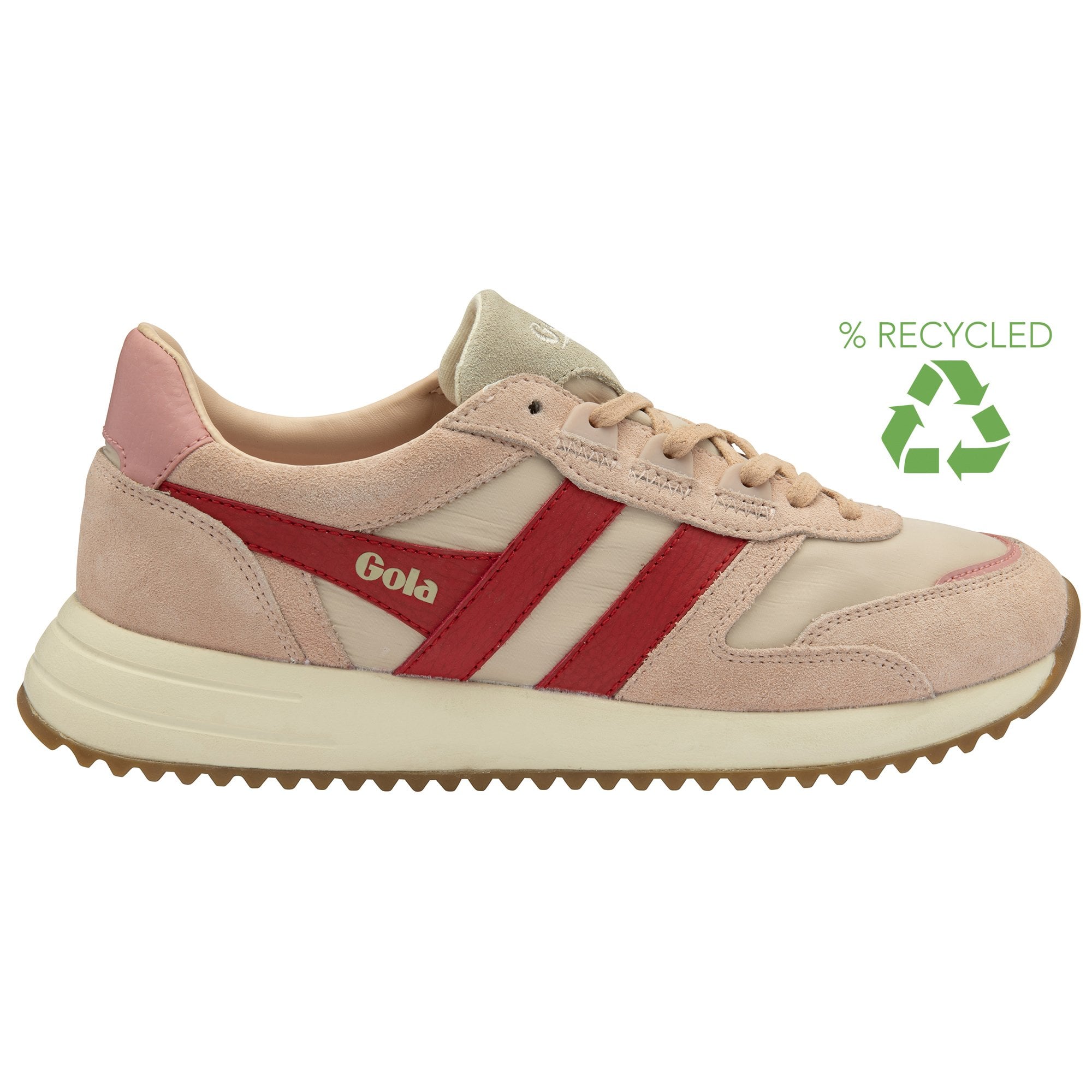 A pale pink sneaker with red stripes on the side and a green recycled logo in the corner.