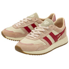 Two pale pink sneakers with red stripes on the side, viewed from an angle.