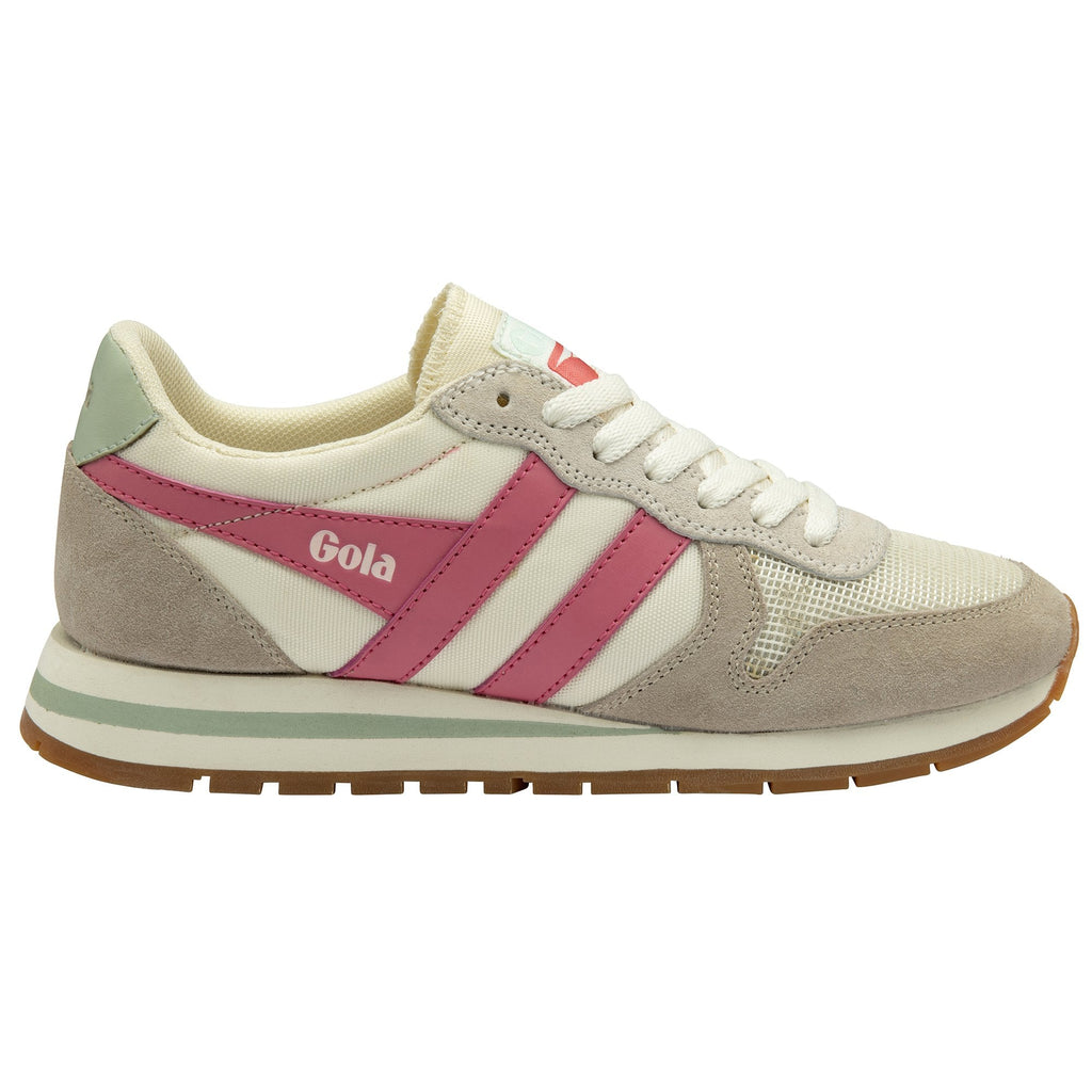 A single Gola women's trainer, side view, in cream, pink, and taupe.