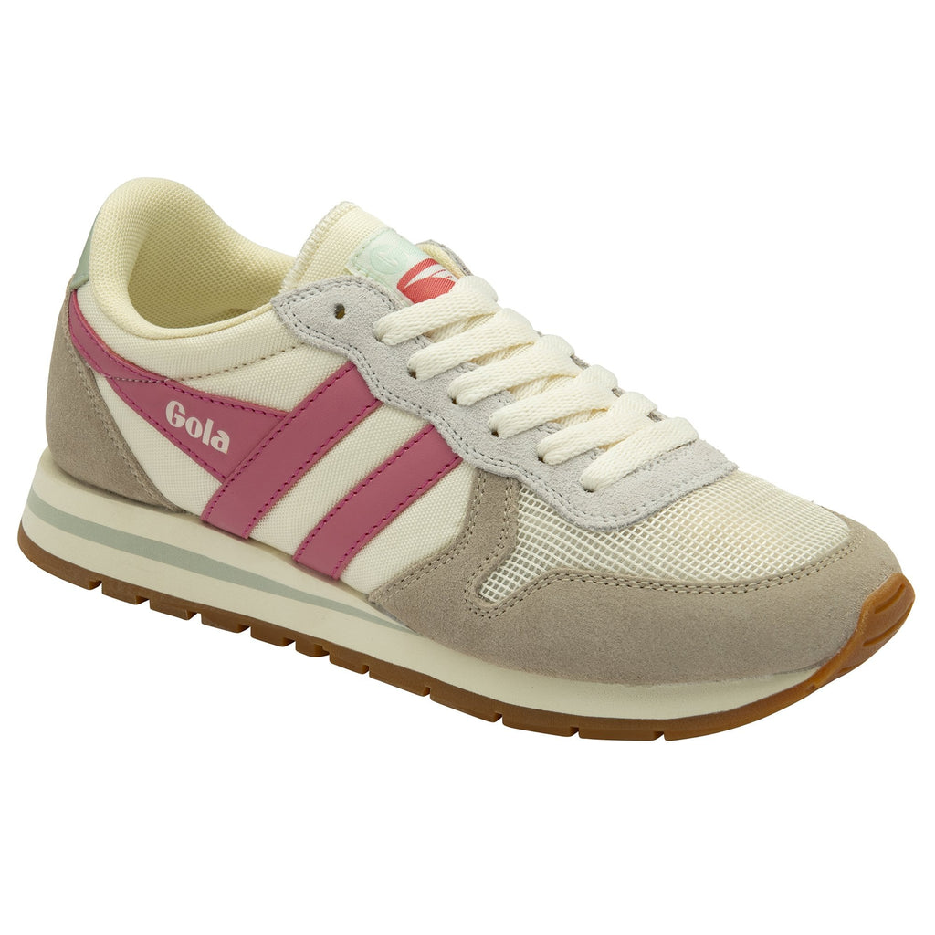 A single Gola women's trainer, side view, in cream, pink, and taupe.