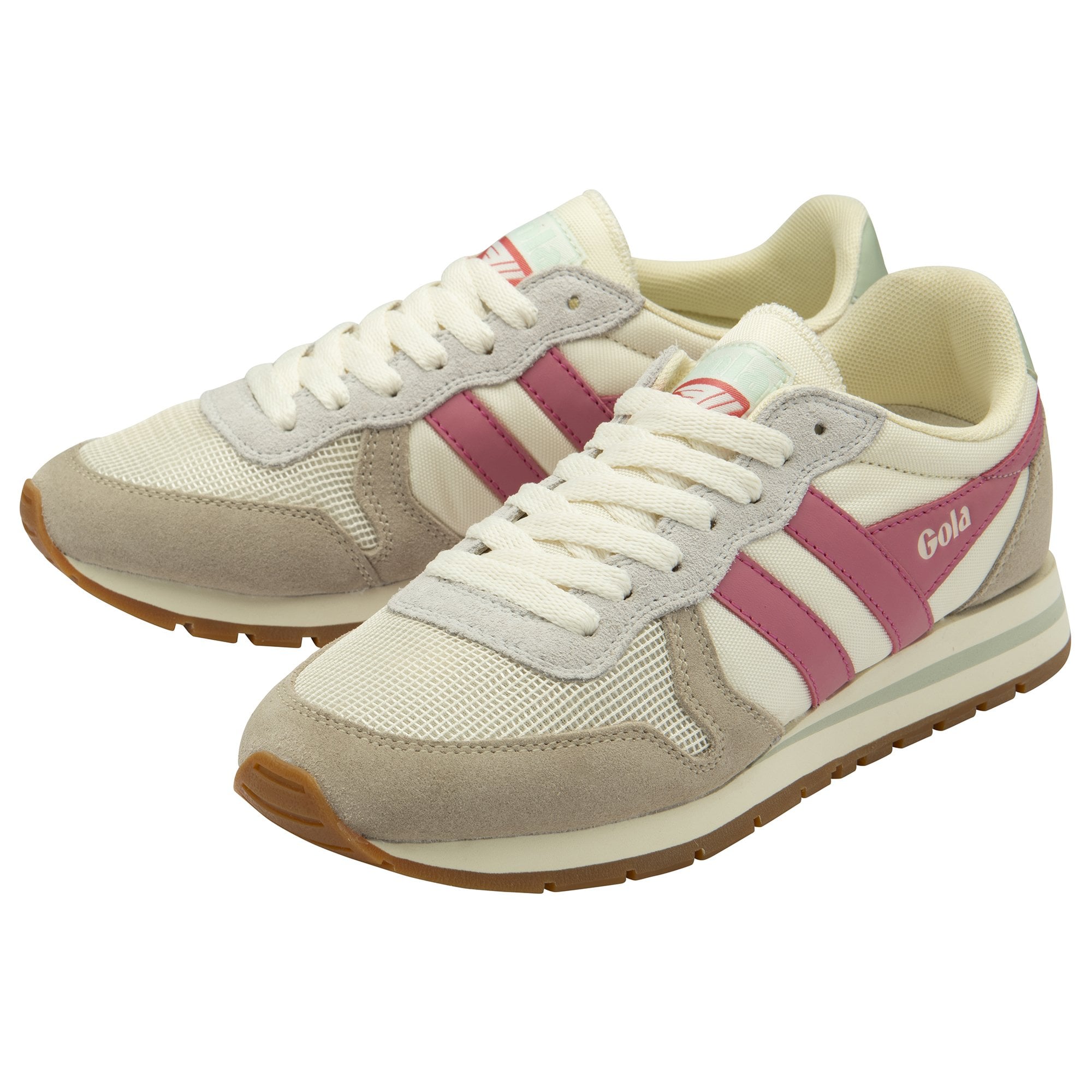 A pair of Gola women's trainers, side view, in cream, pink, and taupe.