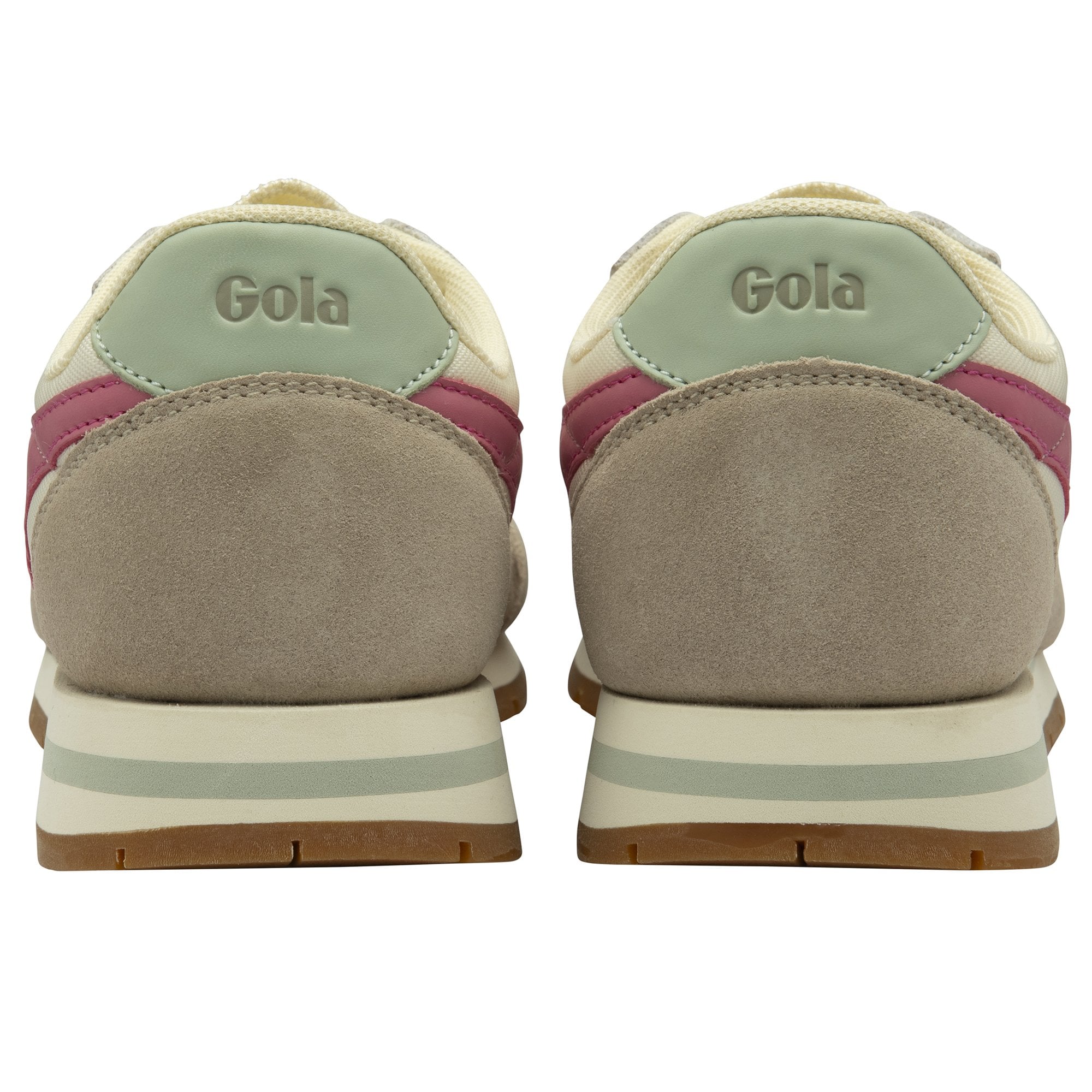 The backs of a pair of Gola women's trainers in cream, pink, and taupe.
