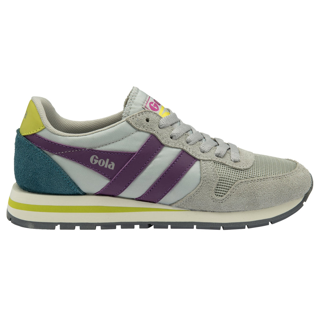 A single Gola women's trainer, light grey with purple stripes, on a white background.