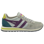 A single Gola women's trainer, light grey with purple stripes, on a white background.