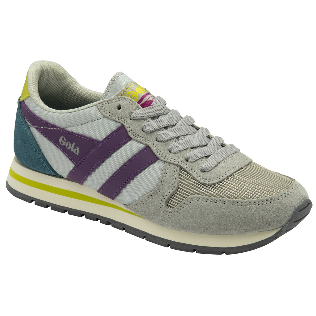 A single Gola women's trainer, light grey with purple stripes, at an angle.