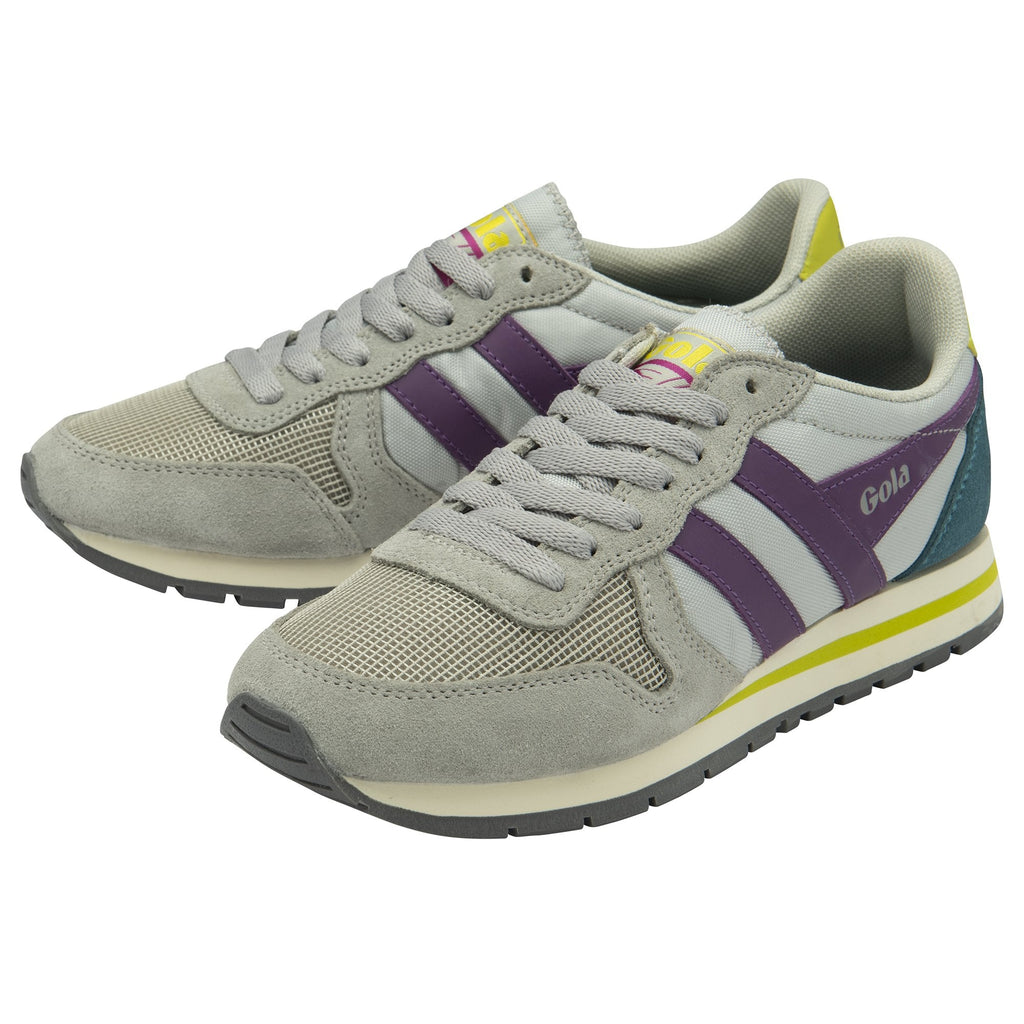A pair of Gola women's trainers, light grey with purple stripes, on a white background.