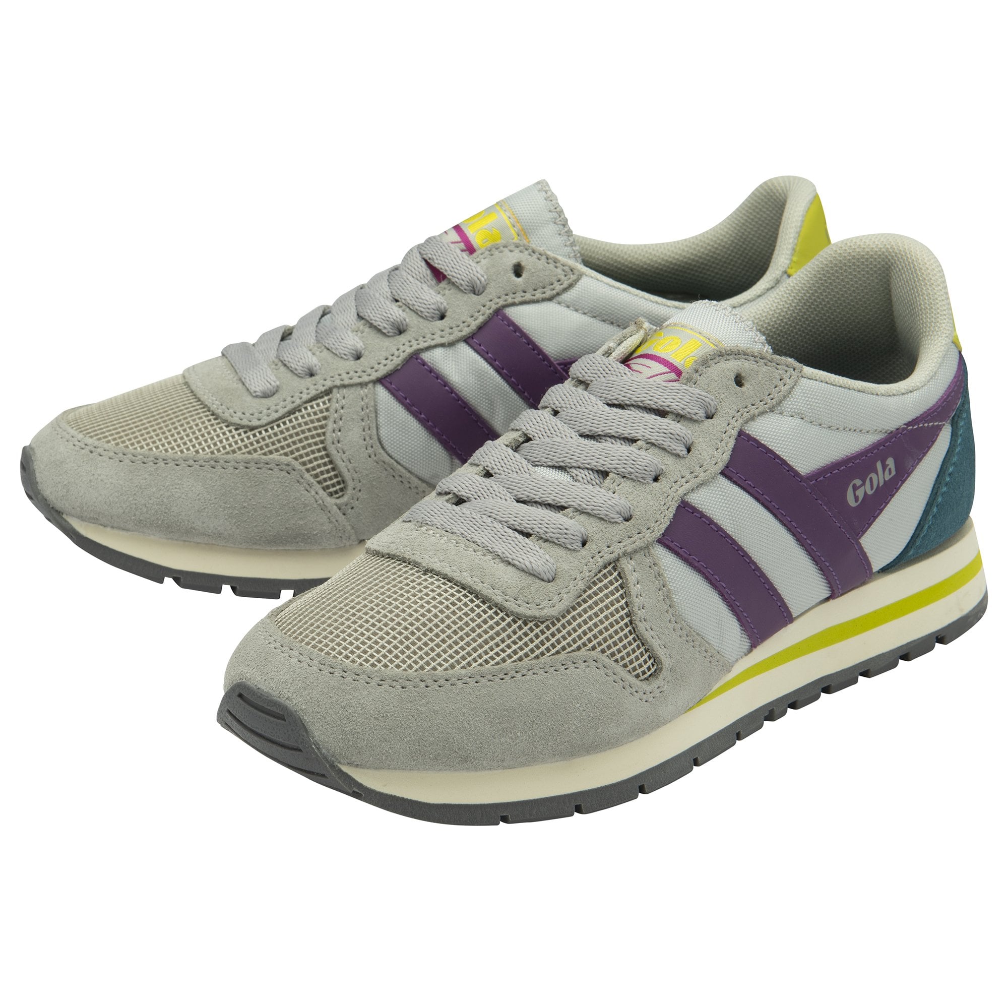 A pair of Gola women's trainers, light grey with purple stripes, on a white background.