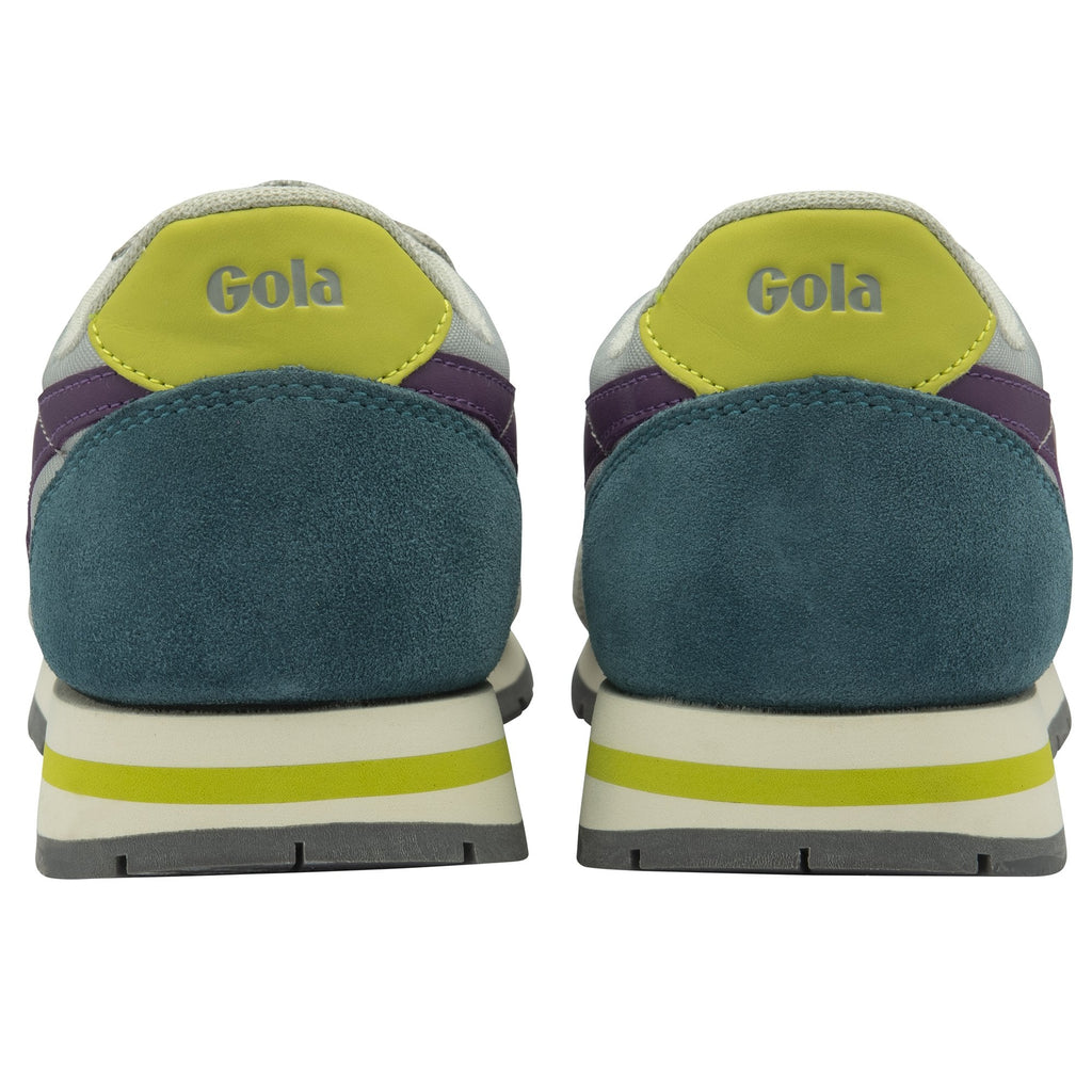 The rear view of a pair of Gola women's trainers, grey with green and teal accents.