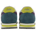 The rear view of a pair of Gola women's trainers, grey with green and teal accents.