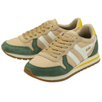 A pair of Gola women's shoes in camel, dark green, and yellow with white stripes.