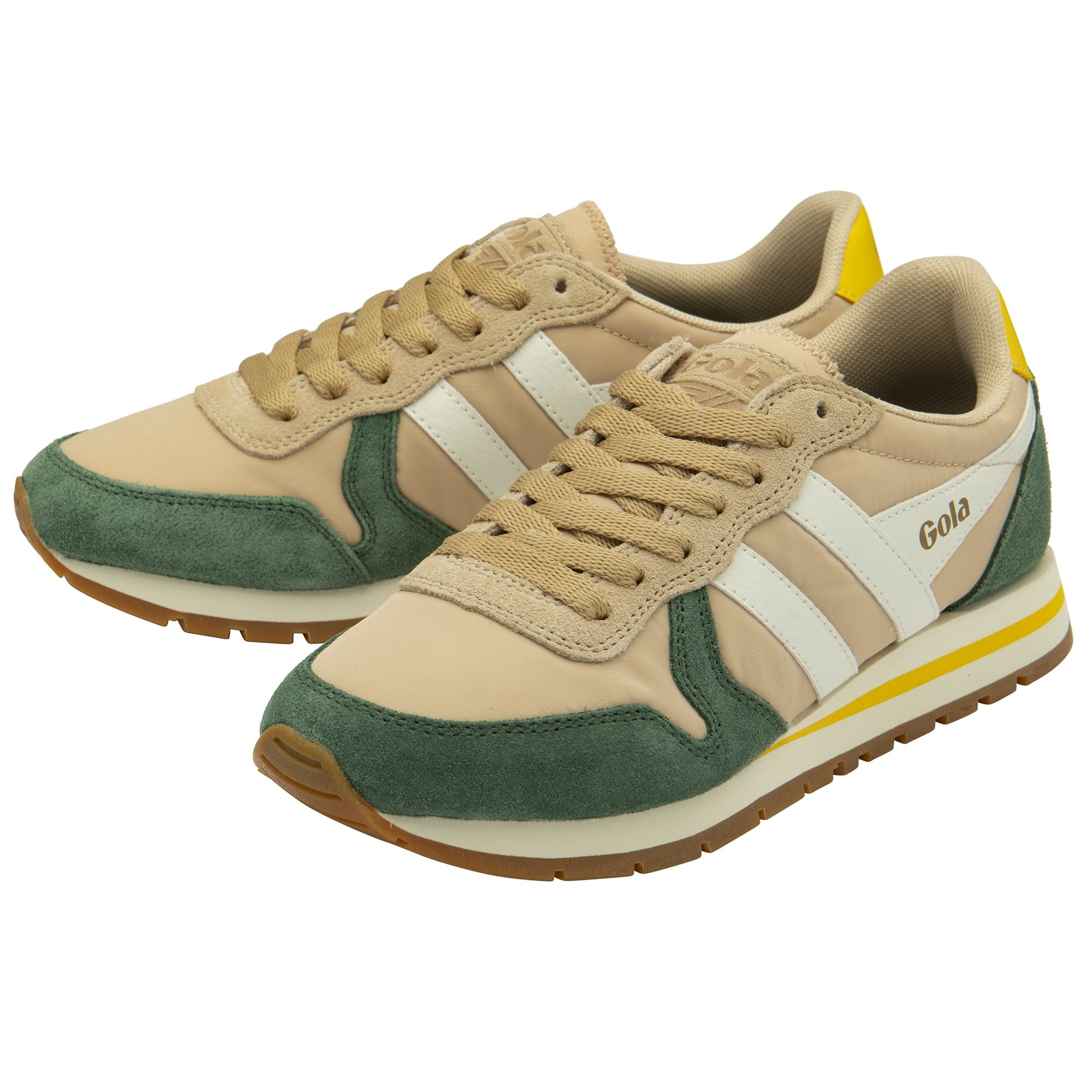 A pair of Gola women's shoes in camel, dark green, and yellow with white stripes.