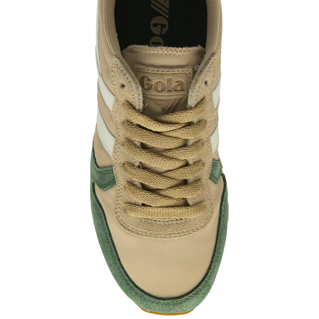 The top view of a single Gola women's shoe in camel and dark green.