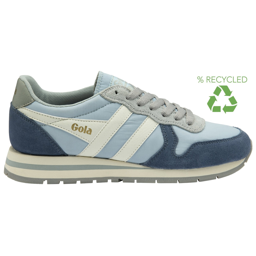 Side view of a light blue, navy, and grey sneaker with a recycled material logo.