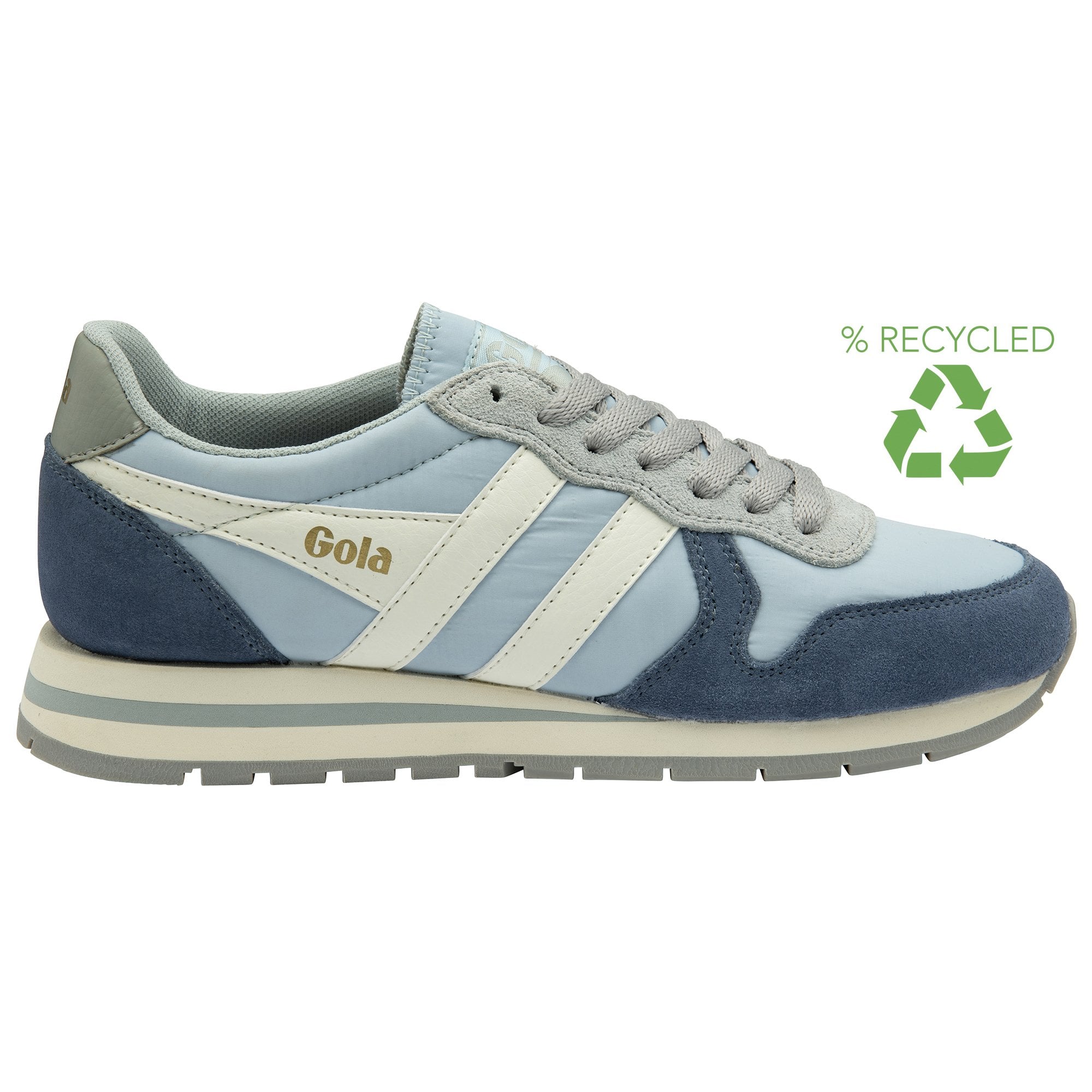 Side view of a light blue, navy, and grey sneaker with a recycled material logo.