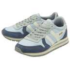 Pair of light blue, navy, and grey Gola sneakers at an angle.