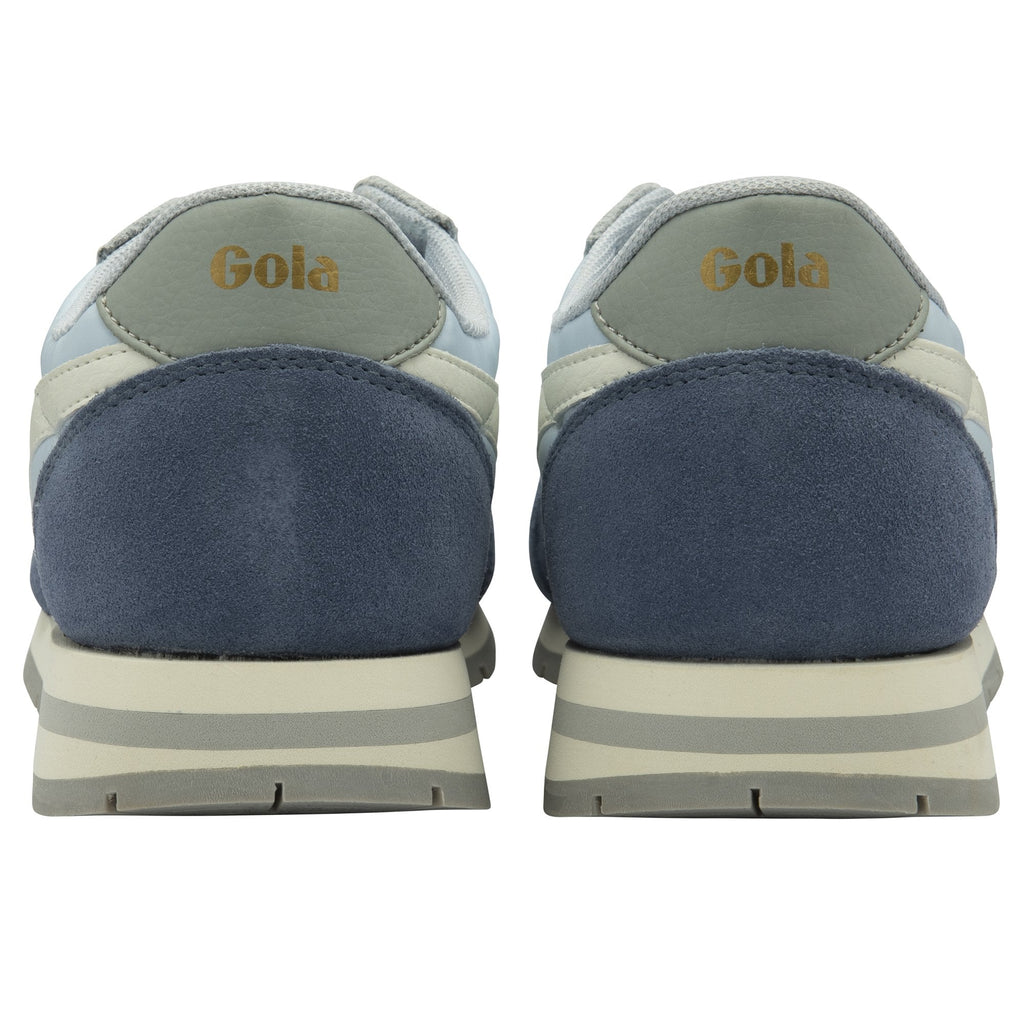 Rear view of a pair of light blue, navy, and grey Gola sneakers.